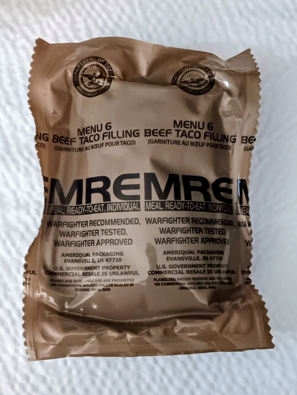 U.S. Military MRE – Beef Taco Filling  Menu 6– Emergency Survival